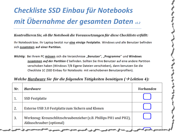 Modul 1 SSD Festplatte einbauen - Checkliste 1